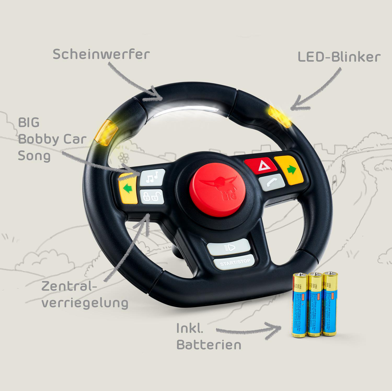 Ein schwarzes Spielzeuglenkrad mit Knöpfen, Lichtern und drei Batterien.