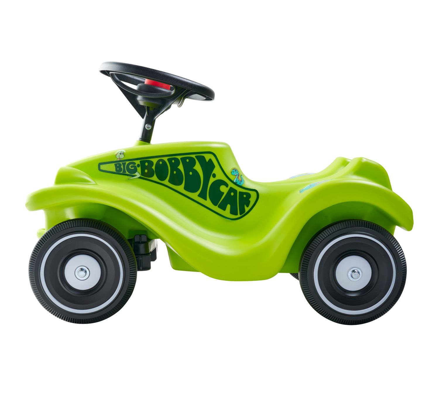 Ein hellgrünes Bobby-Car mit schwarzem Lenkrad und schwarzen Rädern.