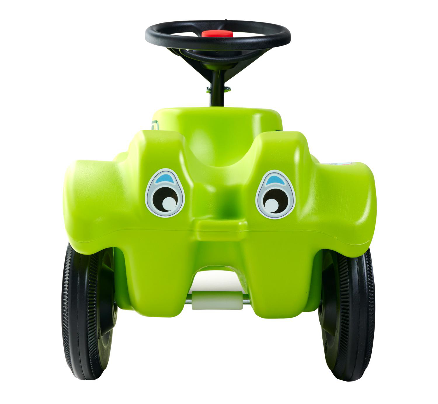 Ein hellgrünes Spielzeugauto mit schwarzen Rädern und einem Lenkrad.