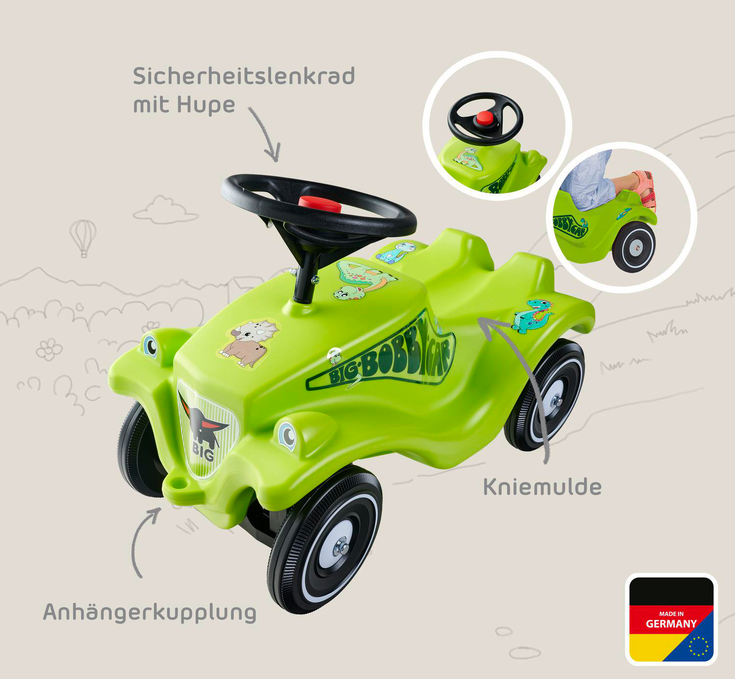Grünes Bobby Car mit Lenkrad und Aufklebern. "Made in Germany" Logo.