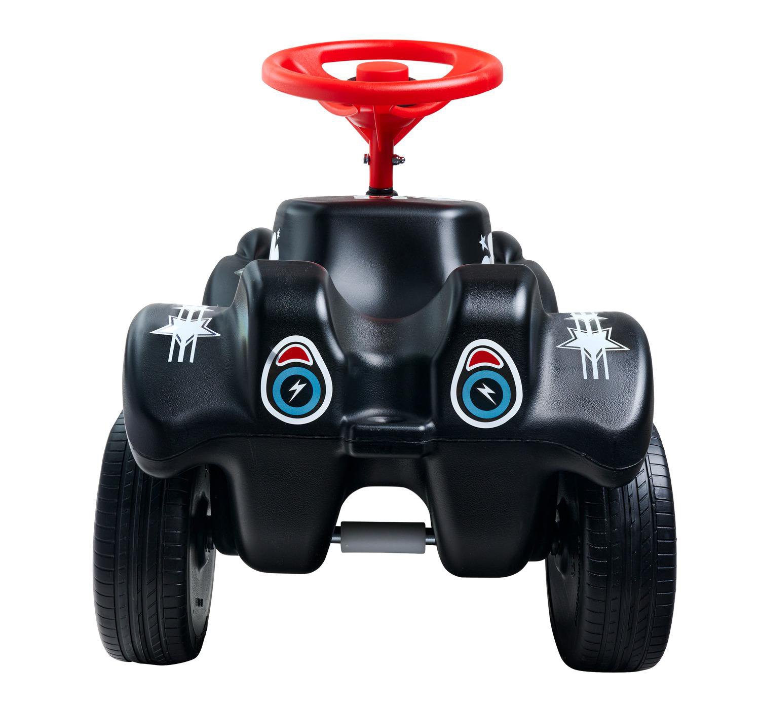 Ein schwarzes Kinderfahrzeug mit rotem Lenkrad und Scheinwerfer-Aufklebern.