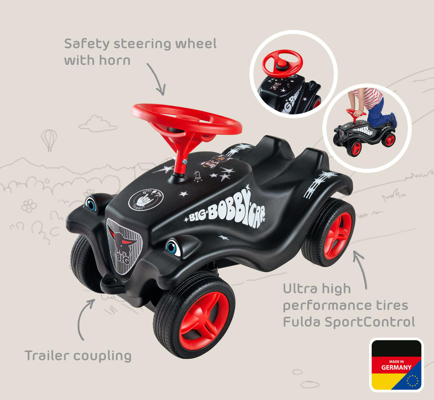 Schwarzer Bobby Car mit rotem Lenkrad und Reifen, Made in Germany.