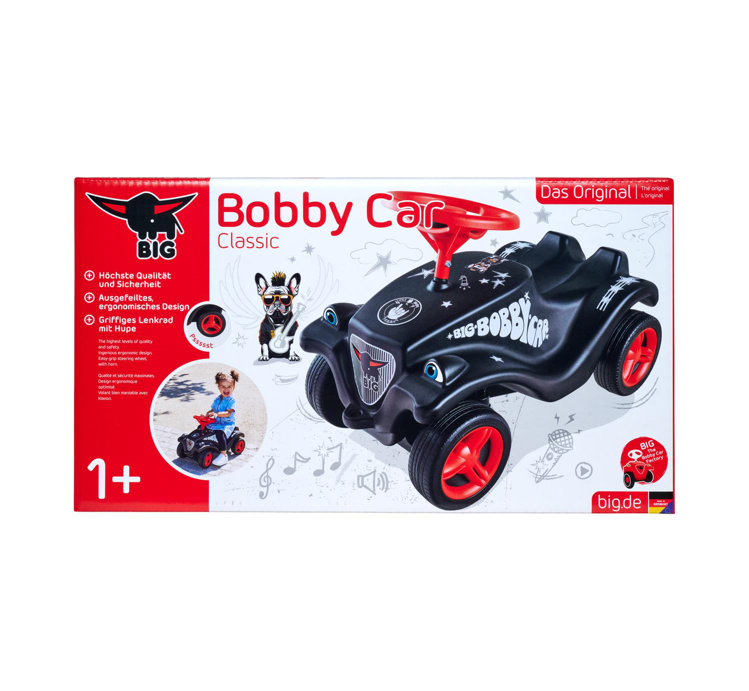 Ein schwarzer BIG Bobby Car Classic mit roten Rädern und rotem Lenkrad.