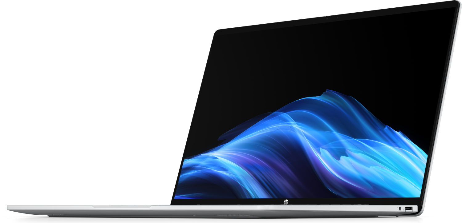 An open laptop displaying a blue wave pattern on its screen against a black background.