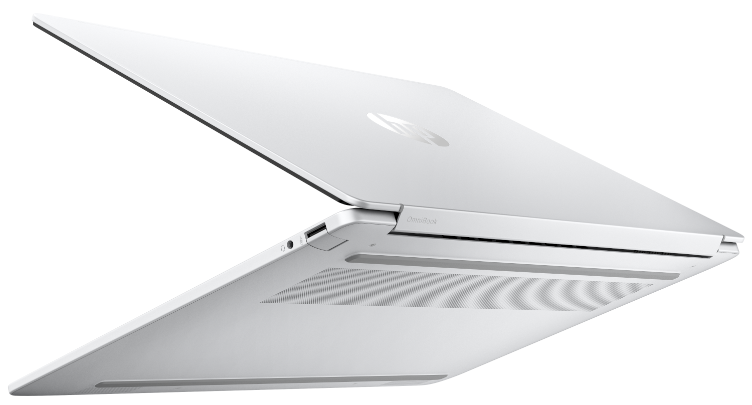 A white HP Omnibook laptop with lid open, viewed from the bottom and side.