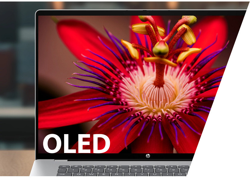 A laptop displays a close-up of a red passion flower with the text OLED.