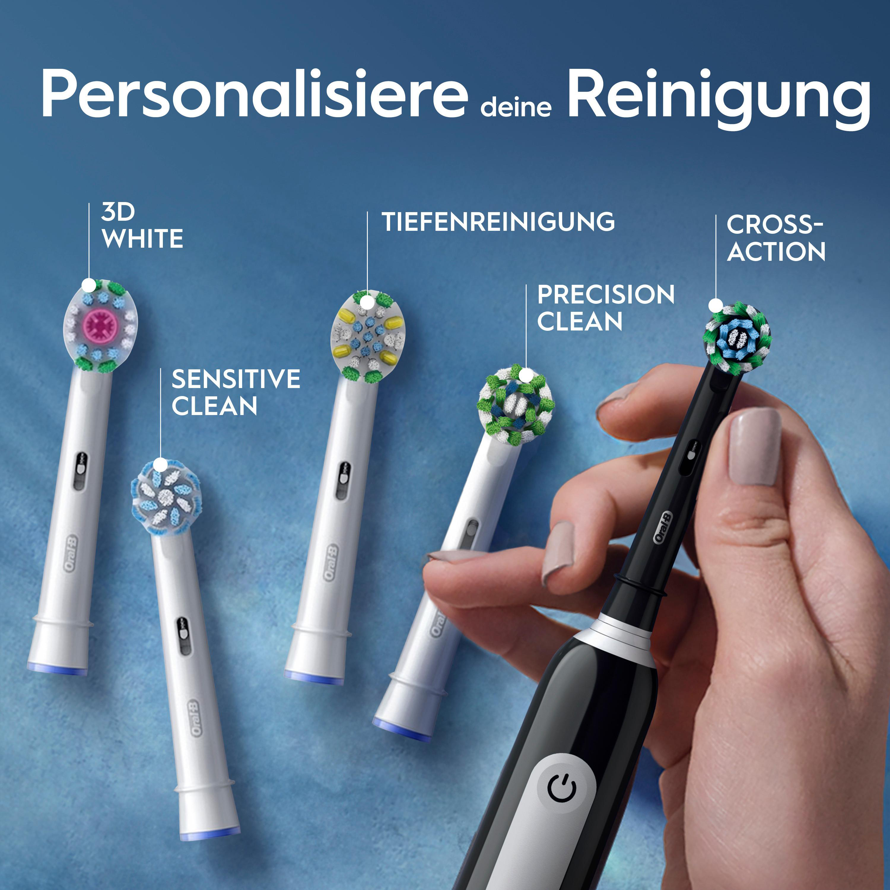 Elektrische Zahnbürste mit verschiedenen Aufsätzen: 3D White, Sensitive Clean, Tiefenreinigung, Precision, Cross-Action.