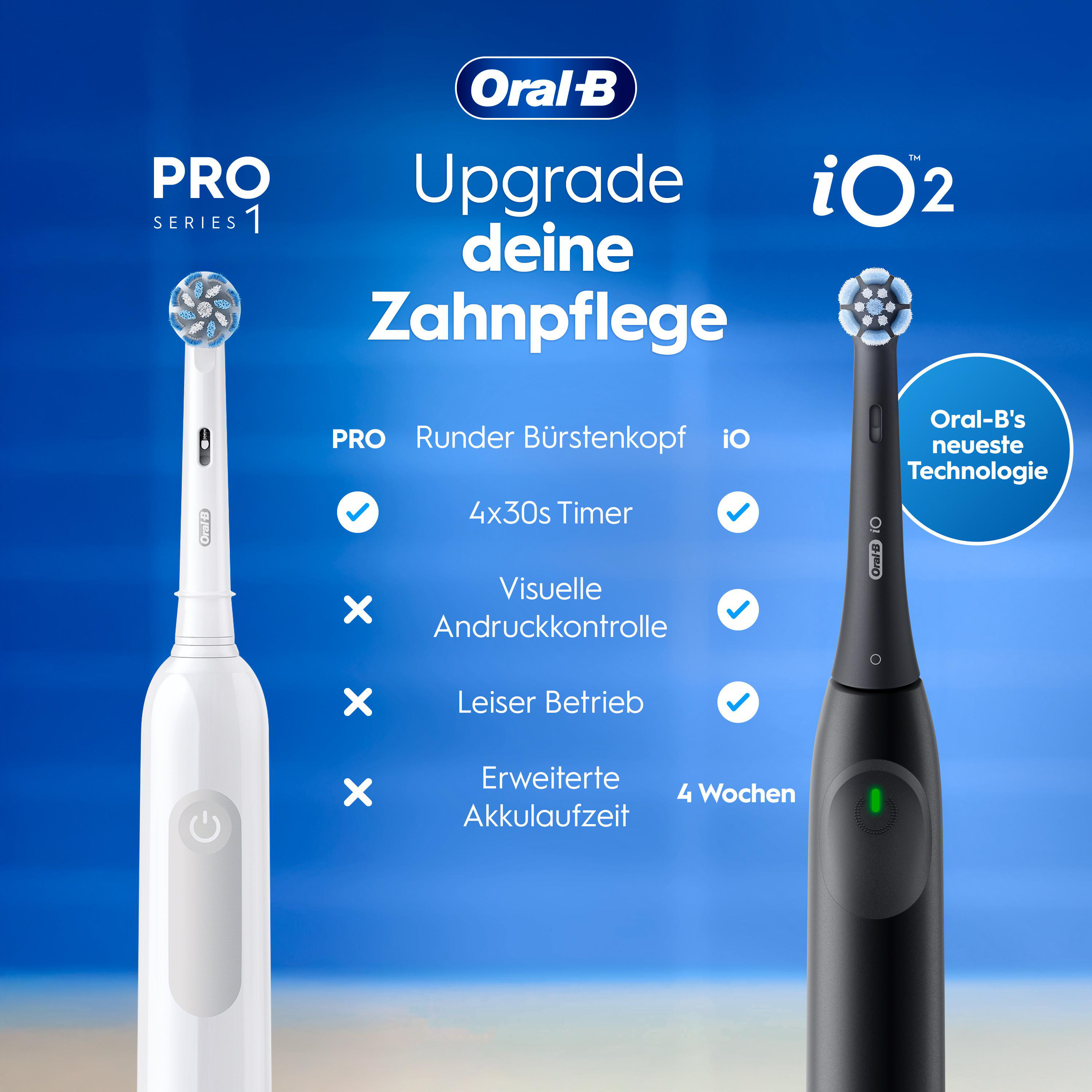 Oral-B Pro Series 1 und iO2 Zahnbürsten im Vergleich. Features aufgelistet.