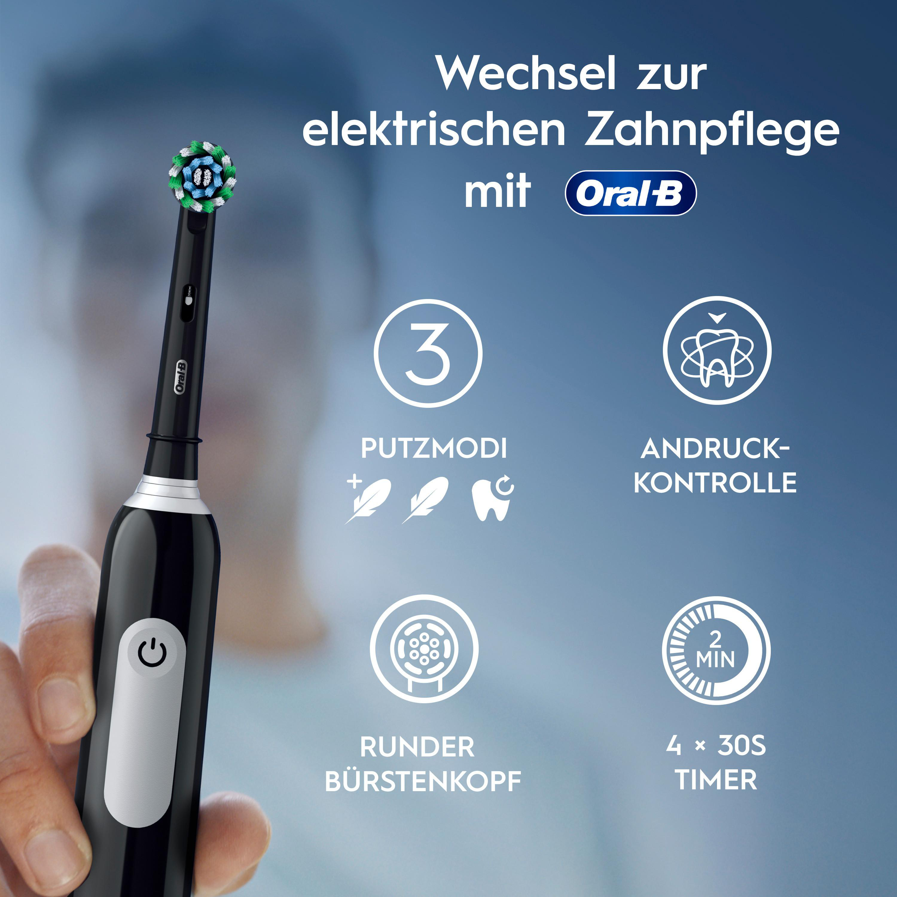 Schwarze Oral-B E-Zahnbürste mit runden Borsten, 3 Modi, Druckkontrolle & Timer.