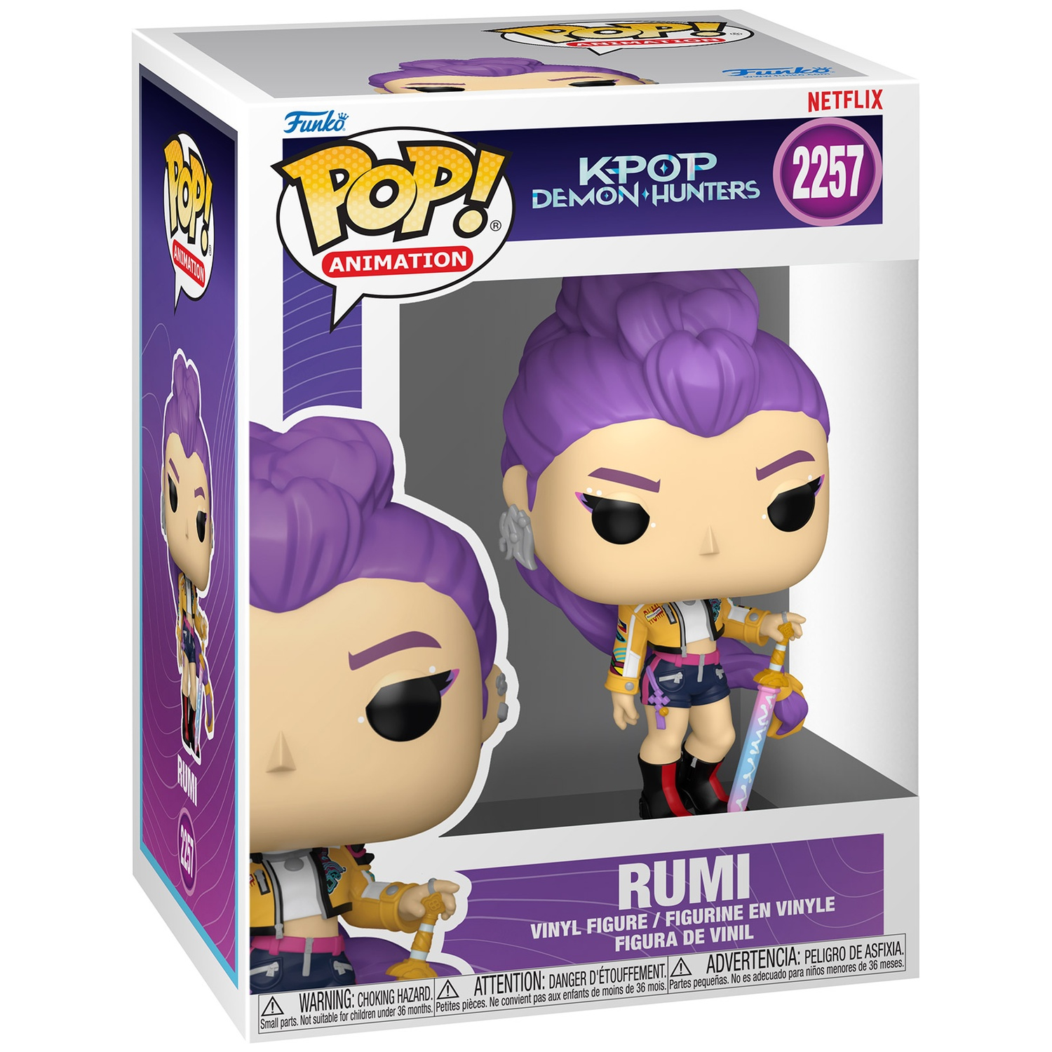 Funko Pop! Vinyl figure of Rumi from K-Pop Demon Hunters, with purple hair and sword.