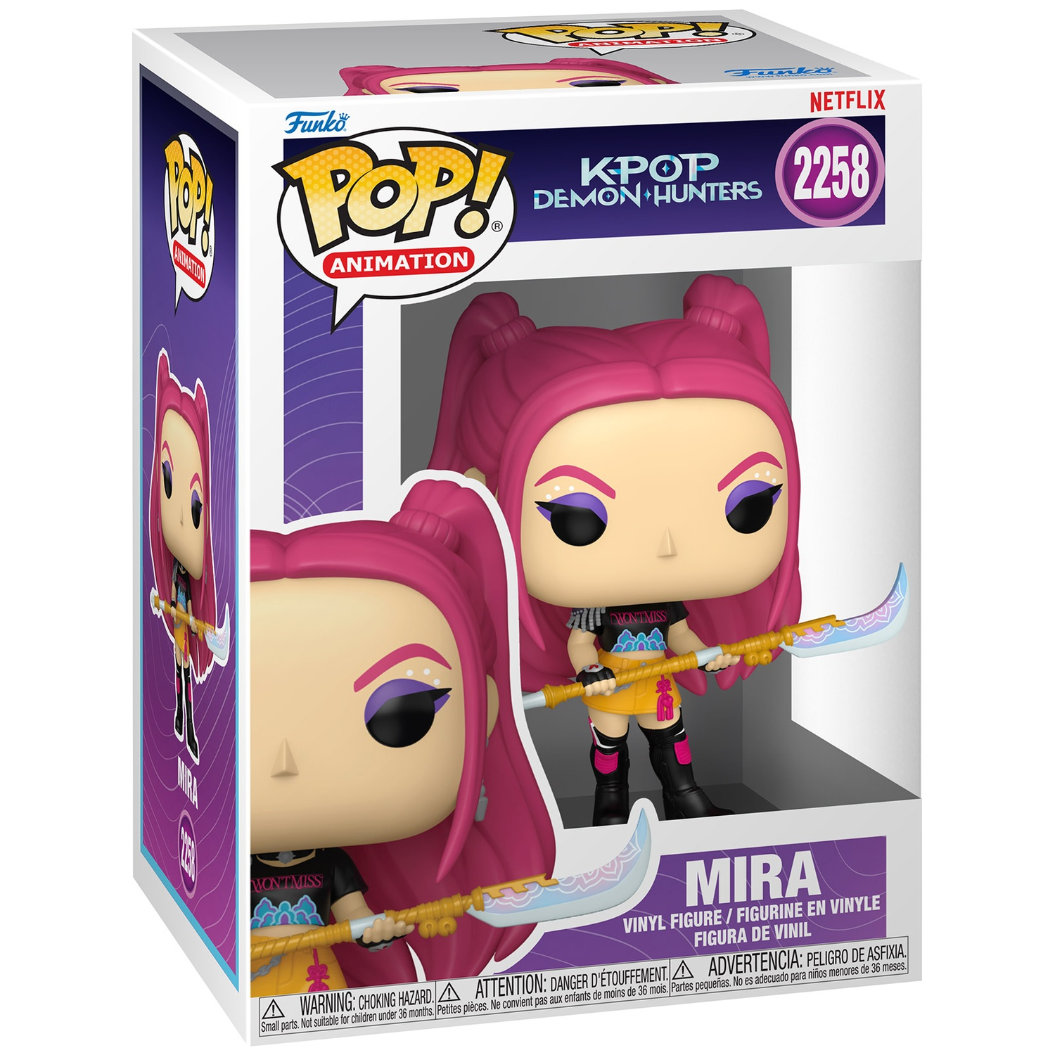 Funko Pop! figure of Mira from K-Pop Demon Hunters, with pink hair and a weapon.