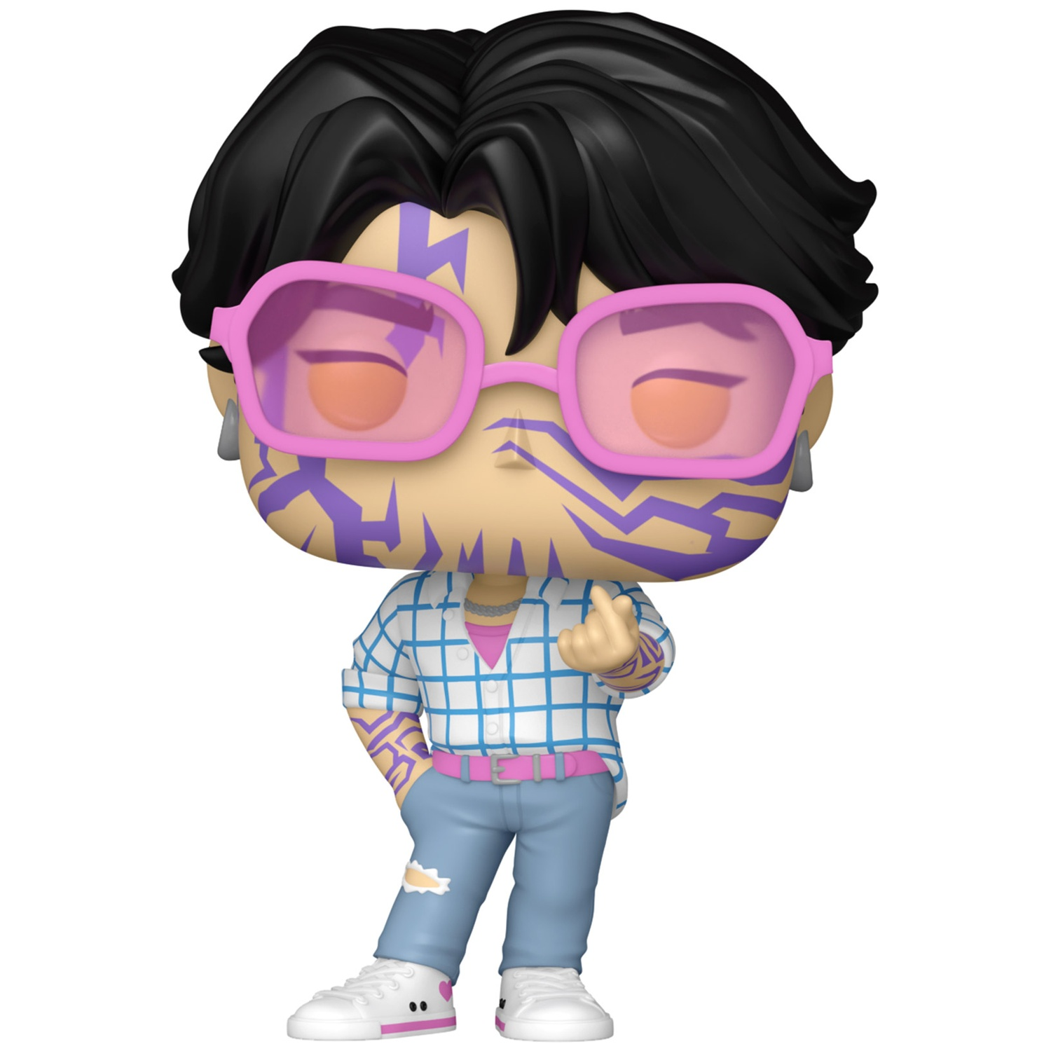 Figure with purple tattoos, pink glasses, plaid shirt, and blue pants.