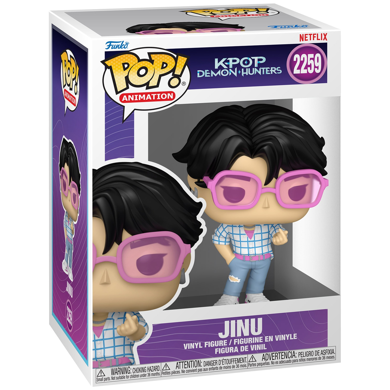 Funko Pop Vinyl figure of Jinu from K-Pop Demon Hunters, wearing pink glasses.