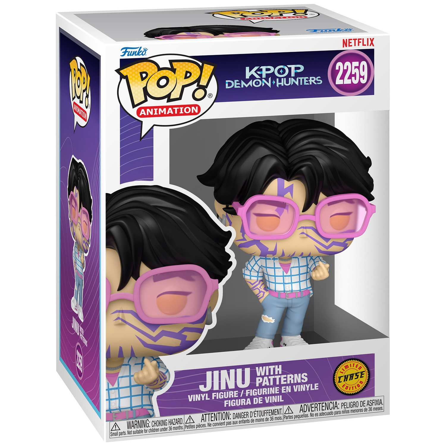 Funko Pop figure of Jinu from K-Pop Demon Hunters wearing pink glasses and a plaid shirt.