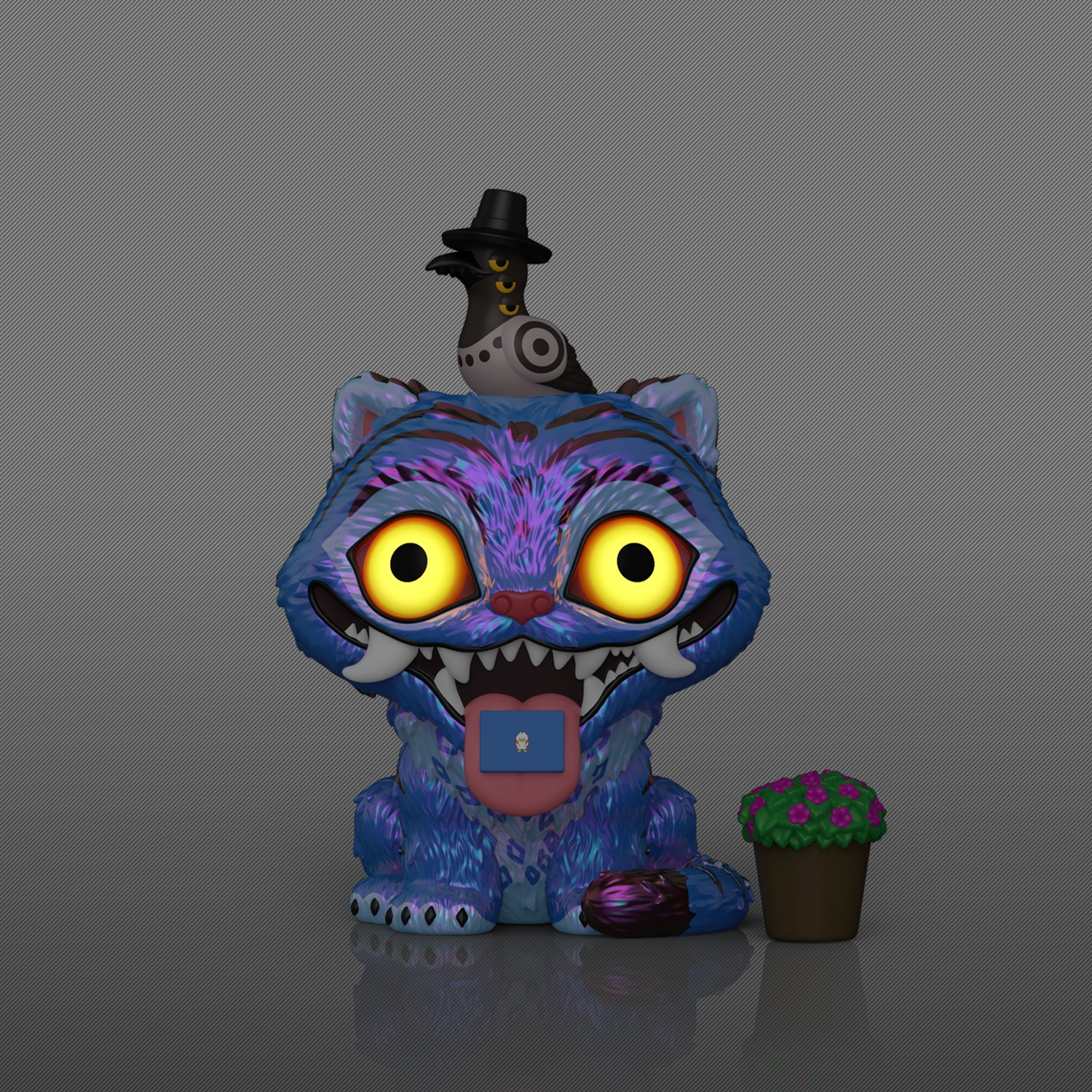 A blue creature with large yellow eyes and a bird wearing a hat on its head.