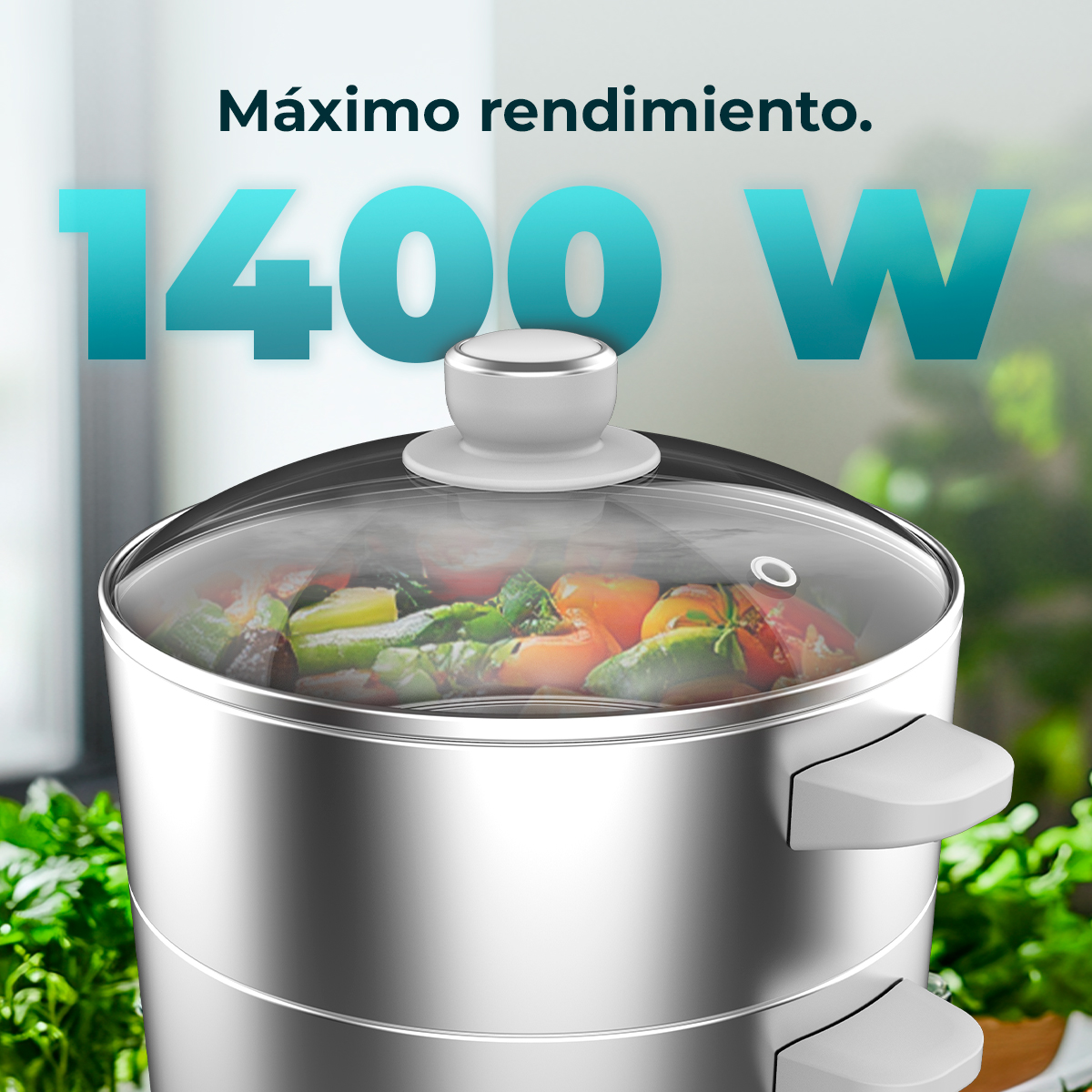 Una vaporera de 1400W con verduras aparece en primer plano.
