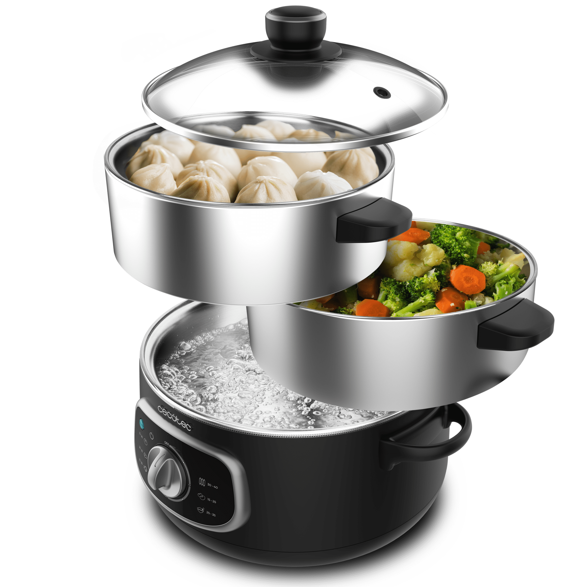 Una vaporera de tres niveles: agua hirviendo abajo, verduras al medio, dumplings arriba.