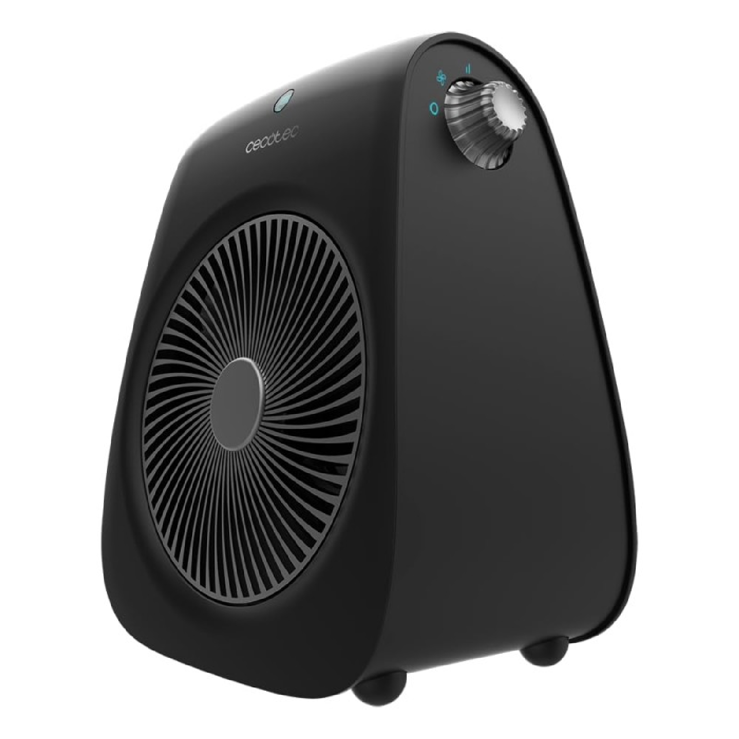 Ventilador negro con rejillas y mando giratorio.