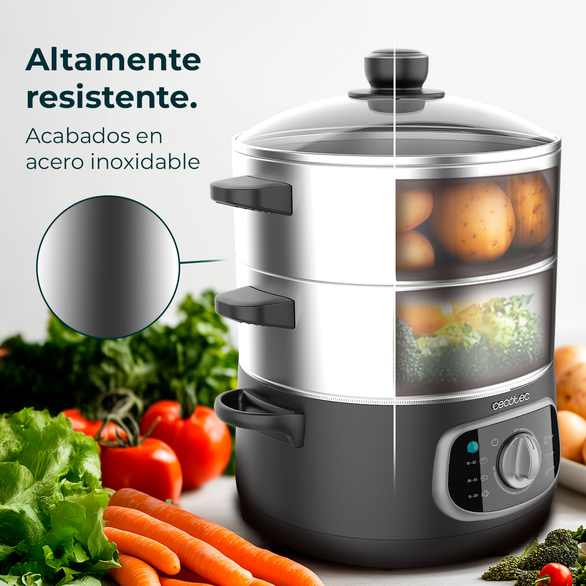 Vaporera de dos niveles con patatas y brócoli. Verduras frescas delante.