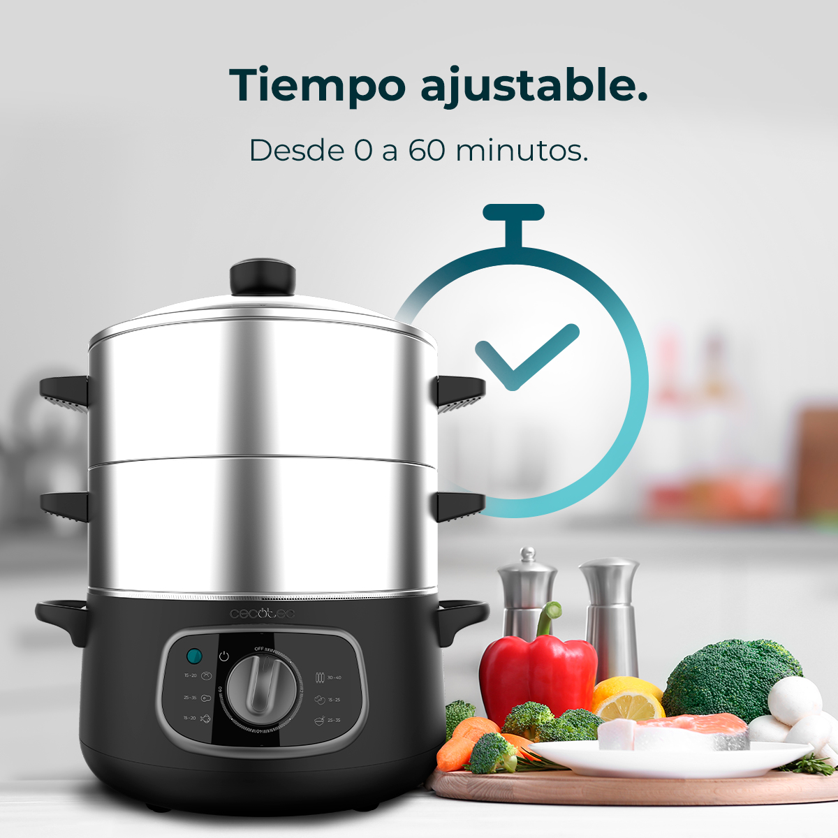 Una vaporera de dos niveles con verduras y pescado en una tabla.