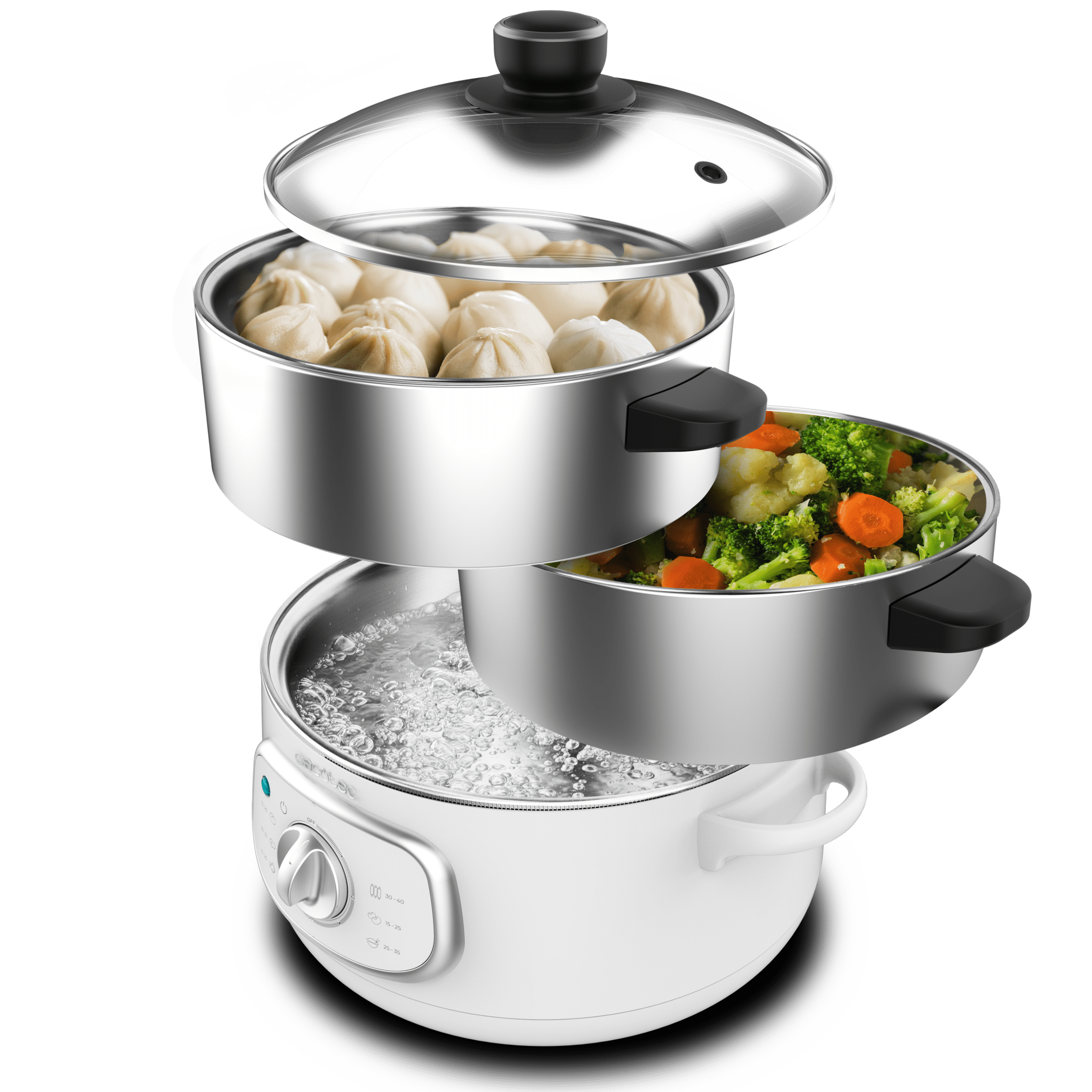 Una vaporera blanca de dos niveles, llena de dumplings y verduras.