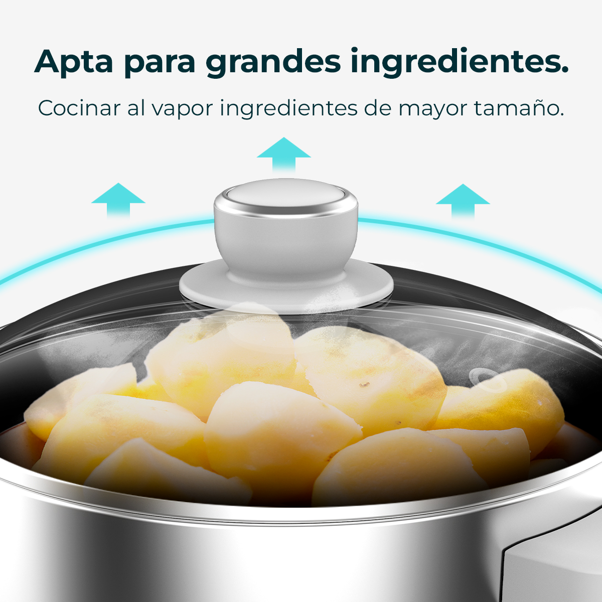 Una olla de patatas al vapor bajo una tapa de cristal con flechas