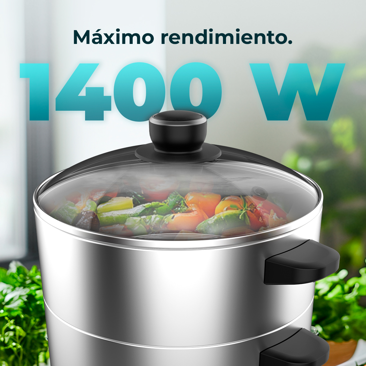 Vaporera de acero inoxidable de 1400W, llena de verduras.