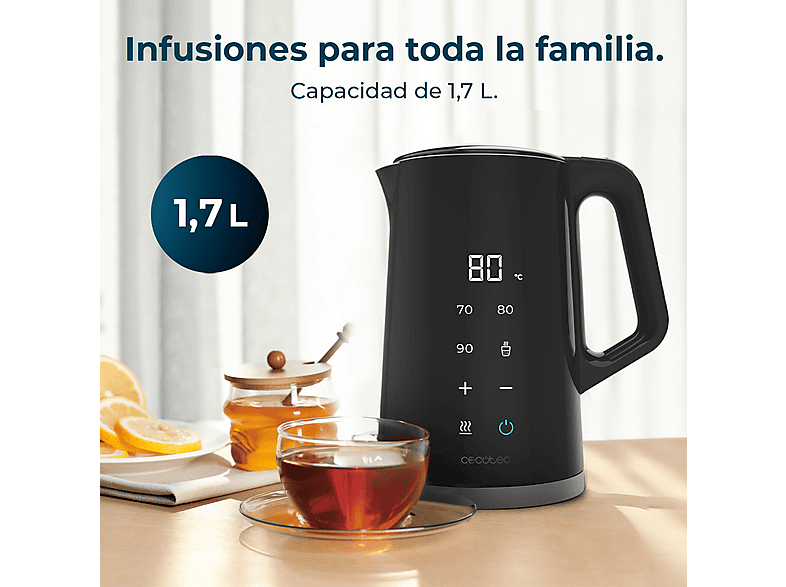 Hervidor de agua - Cecotec Thermosense 800 Neo, 2200 W, Capacidad 1,7 L, Pantalla digital táctil, 40-100°C, Función Keep Warm, Negro