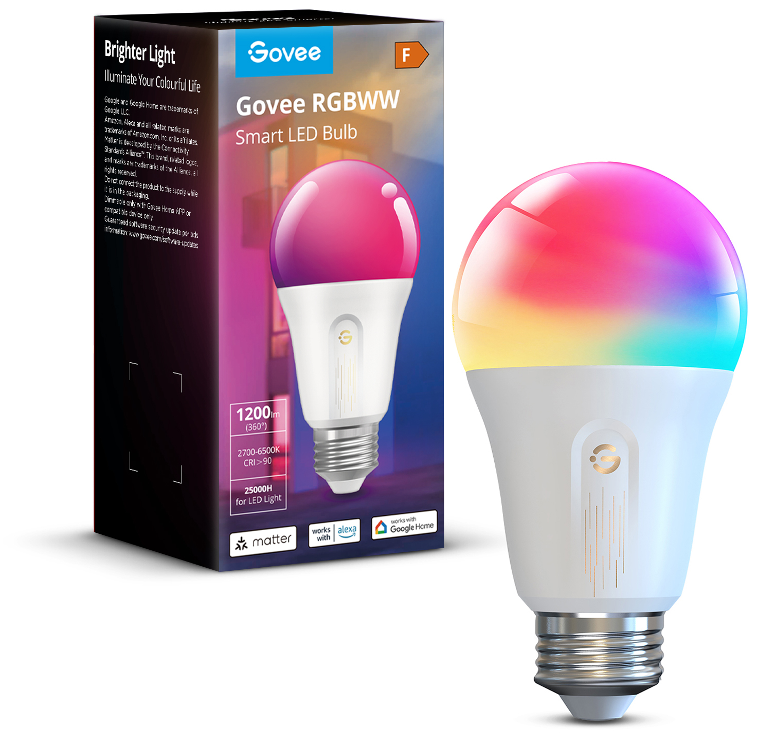 Egy Govee RGBWW intelligens LED-izzó látható a csomagolása mellett. Az izzó több színt jelenít meg.