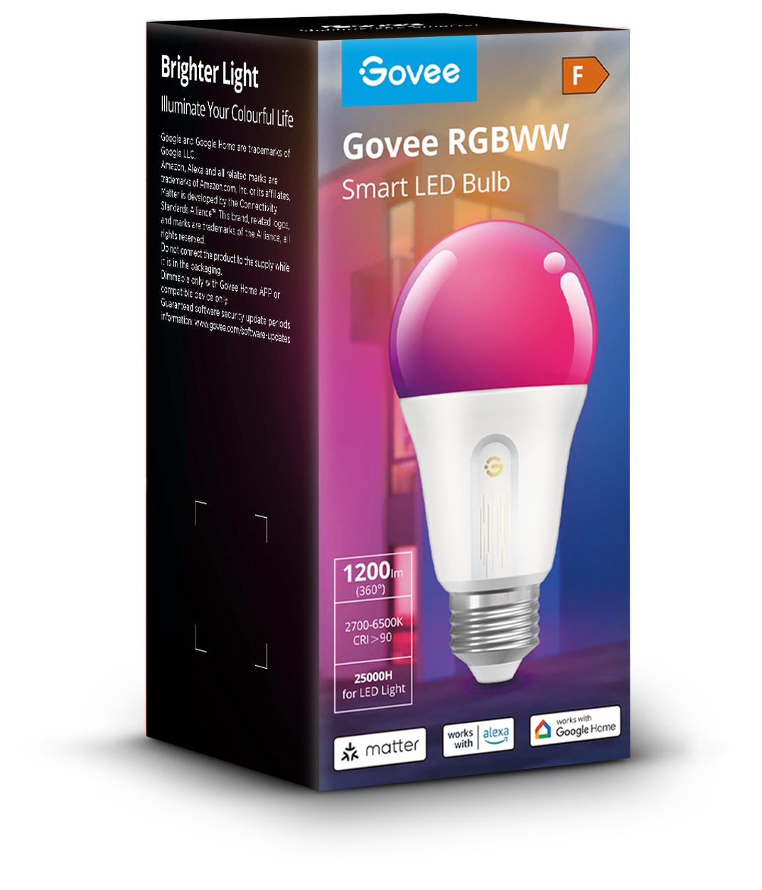 Govee RGBWW okos LED-izzó, rózsaszín felső résszel, fehér alappal, csomagolásban.