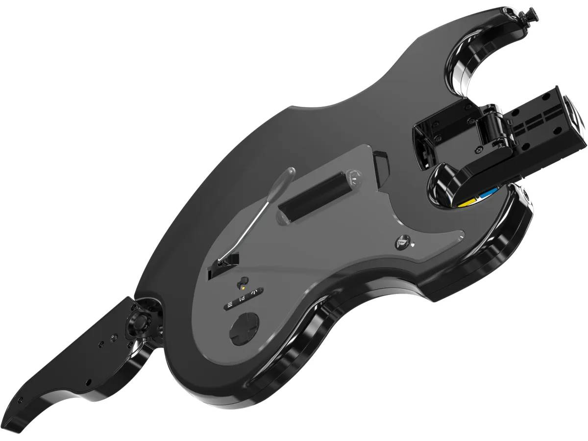 Guitarra negra con parte superior gris, cuerdas blancas y botones de control.