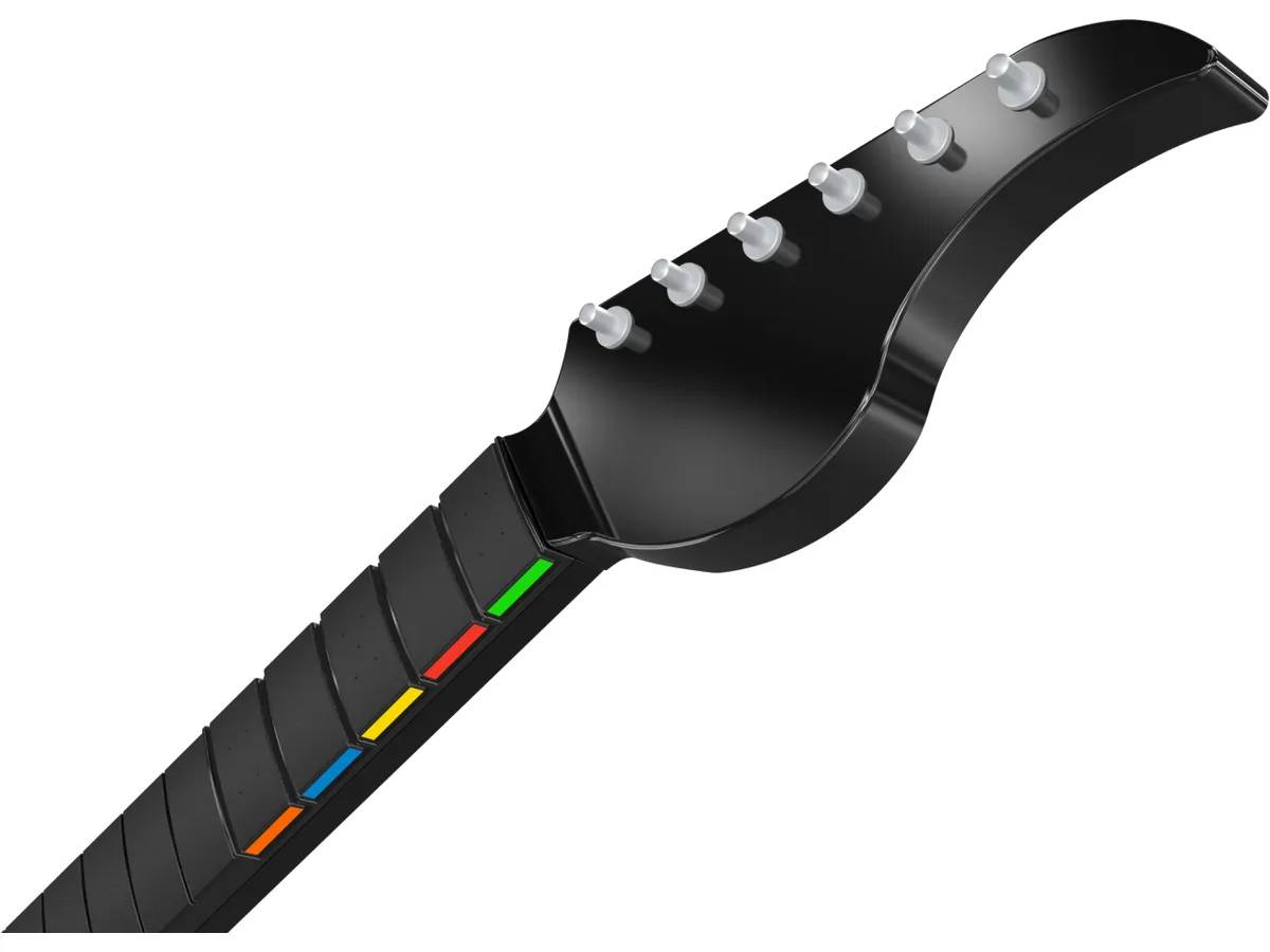 Mástil de guitarra negro con botones coloridos y clavijas.