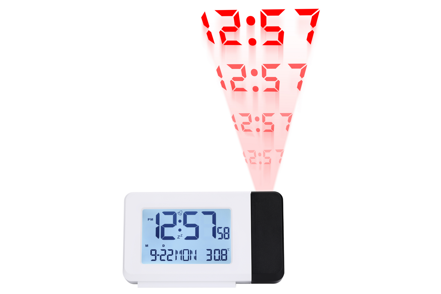 Un reloj despertador de proyección blanco muestra las 12:57 y proyecta números rojos.