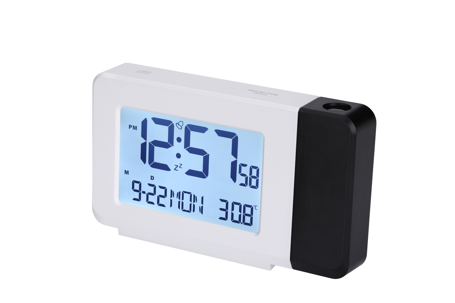 Despertador blanco con pantalla azul muestra 12:57 PM, 9 oct, 30,8°C.