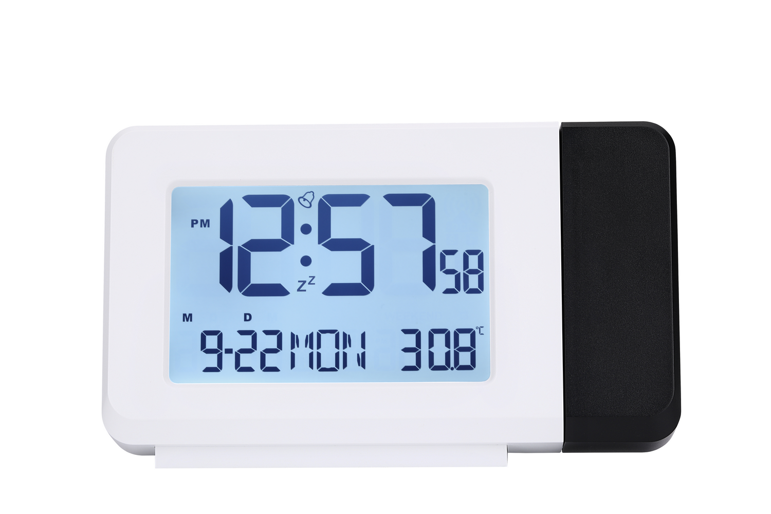 Un reloj digital blanco muestra 12:57 PM, 9-22LUN, 30.8°C con icono de campana.
