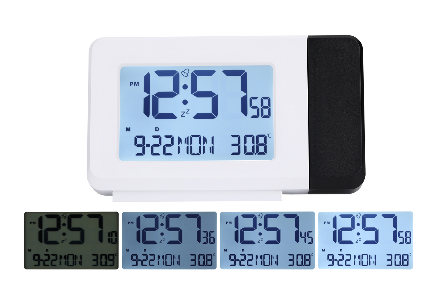 Un reloj despertador de proyección digital muestra las 12:57 y 30,8 grados.