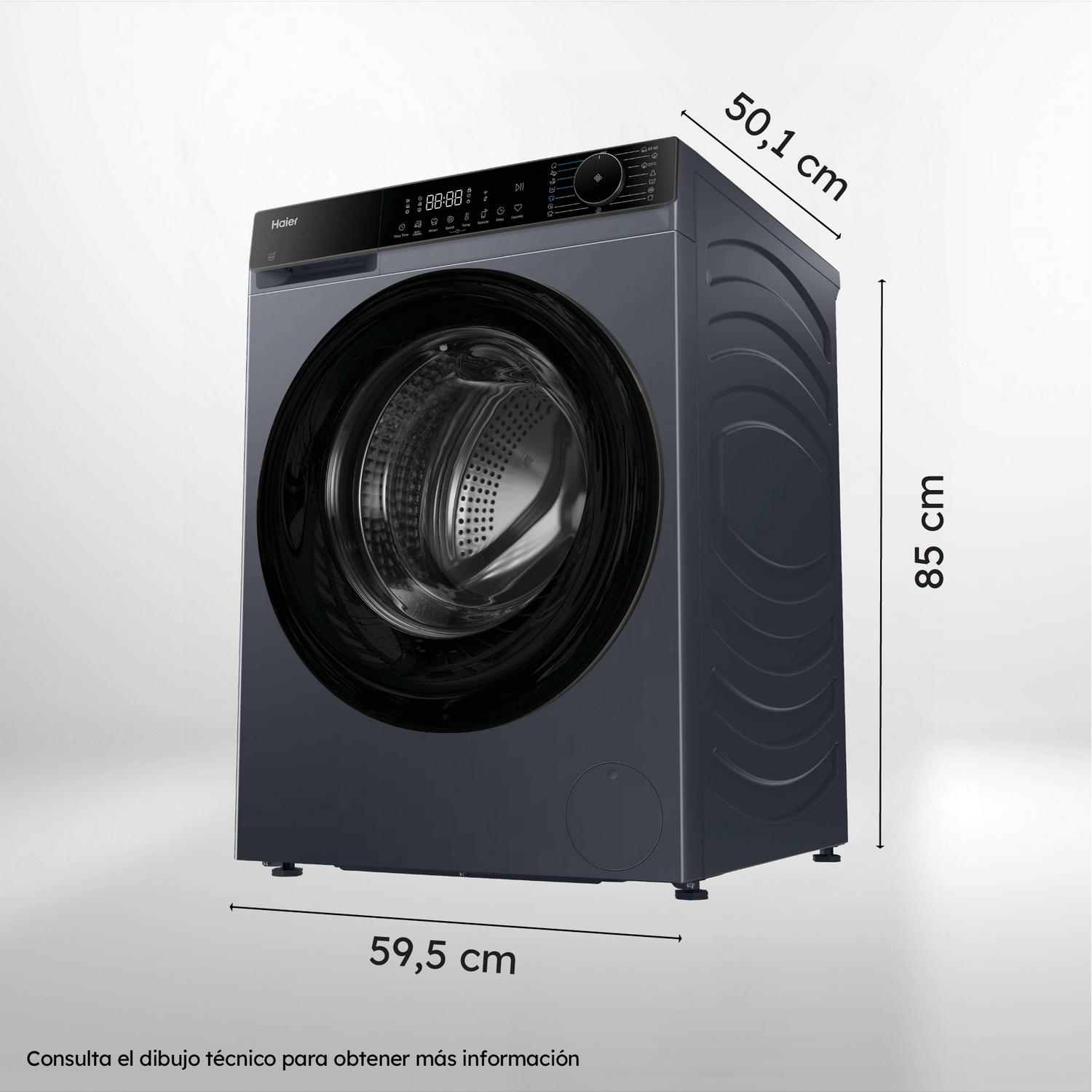 Lavadora Haier gris con display digital y medidas: 59,5x50,1x85 cm.