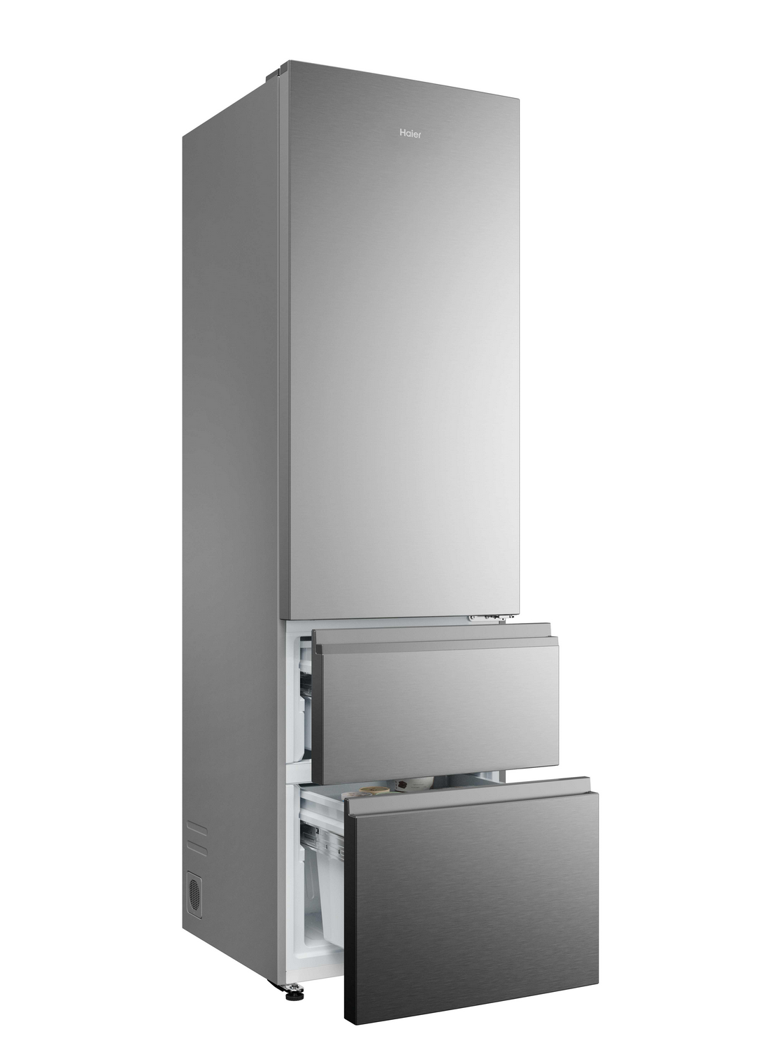 Un refrigerador plateado con dos cajones abiertos.