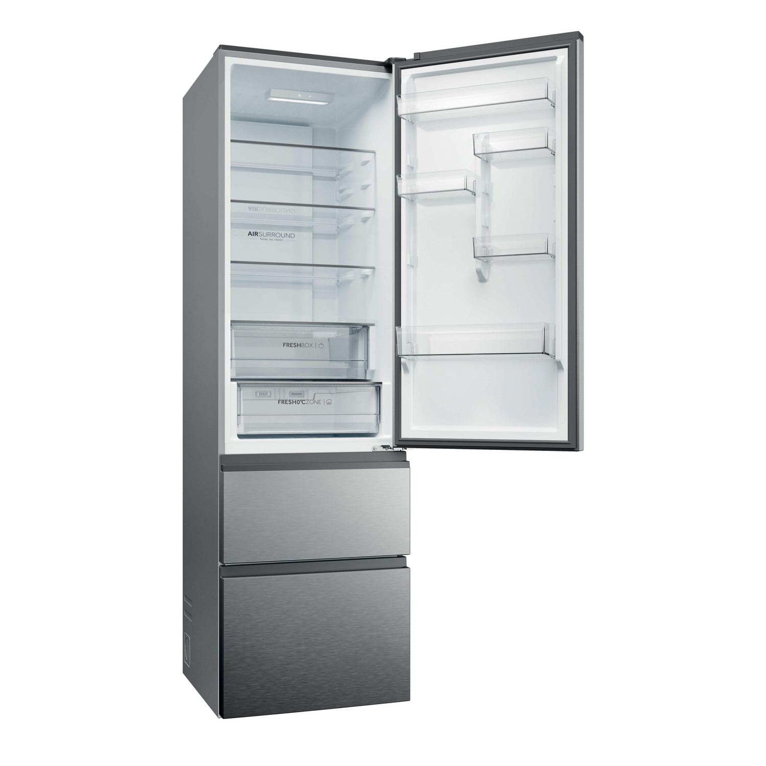 Un refrigerador gris abierto con estantes de vidrio y cajones.