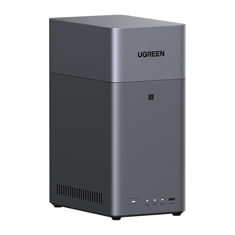 NAS UGREEN gris con puertos LAN, Disco y USB-C.