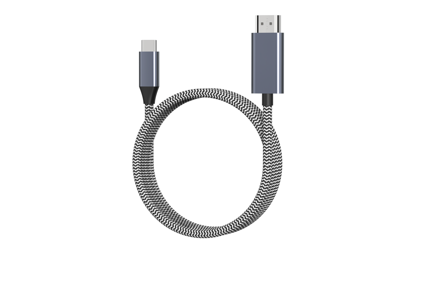 Un cable USB-C a HDMI con patrón de zigzag blanco y negro.