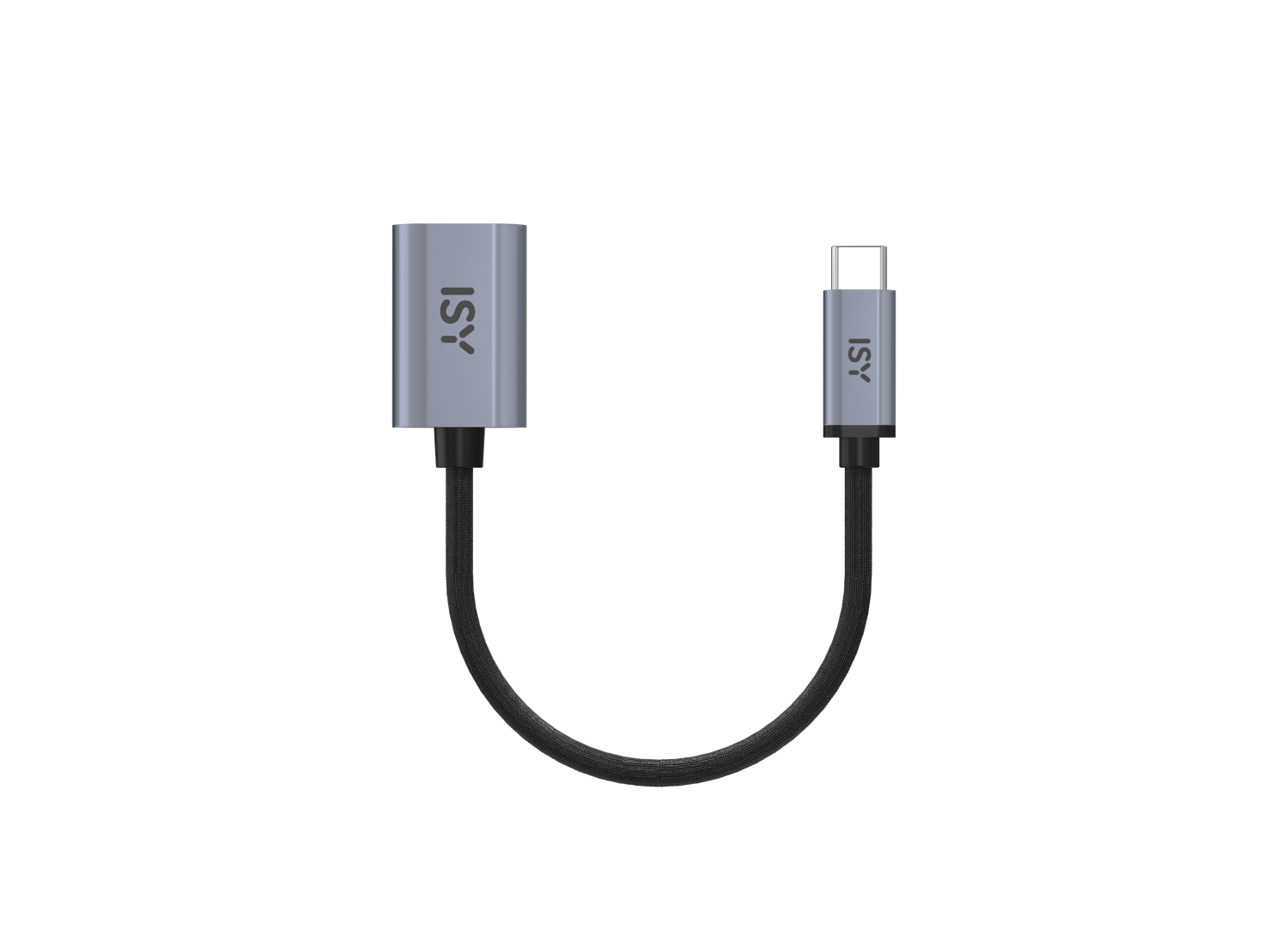 Adaptador ISY USB-C gris con cable negro.