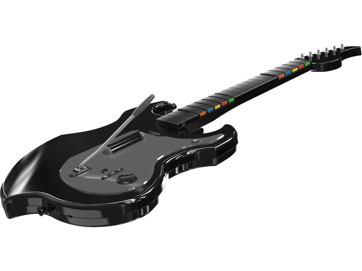 Guitarra negra con botones de colores en el diapasón y palanca de vibrato.