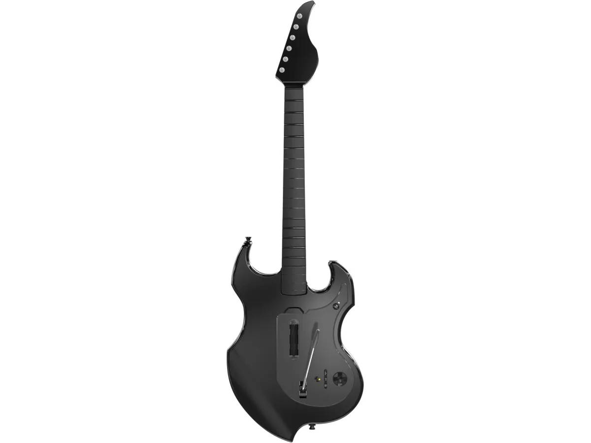 Una guitarra eléctrica negra sobre fondo blanco.