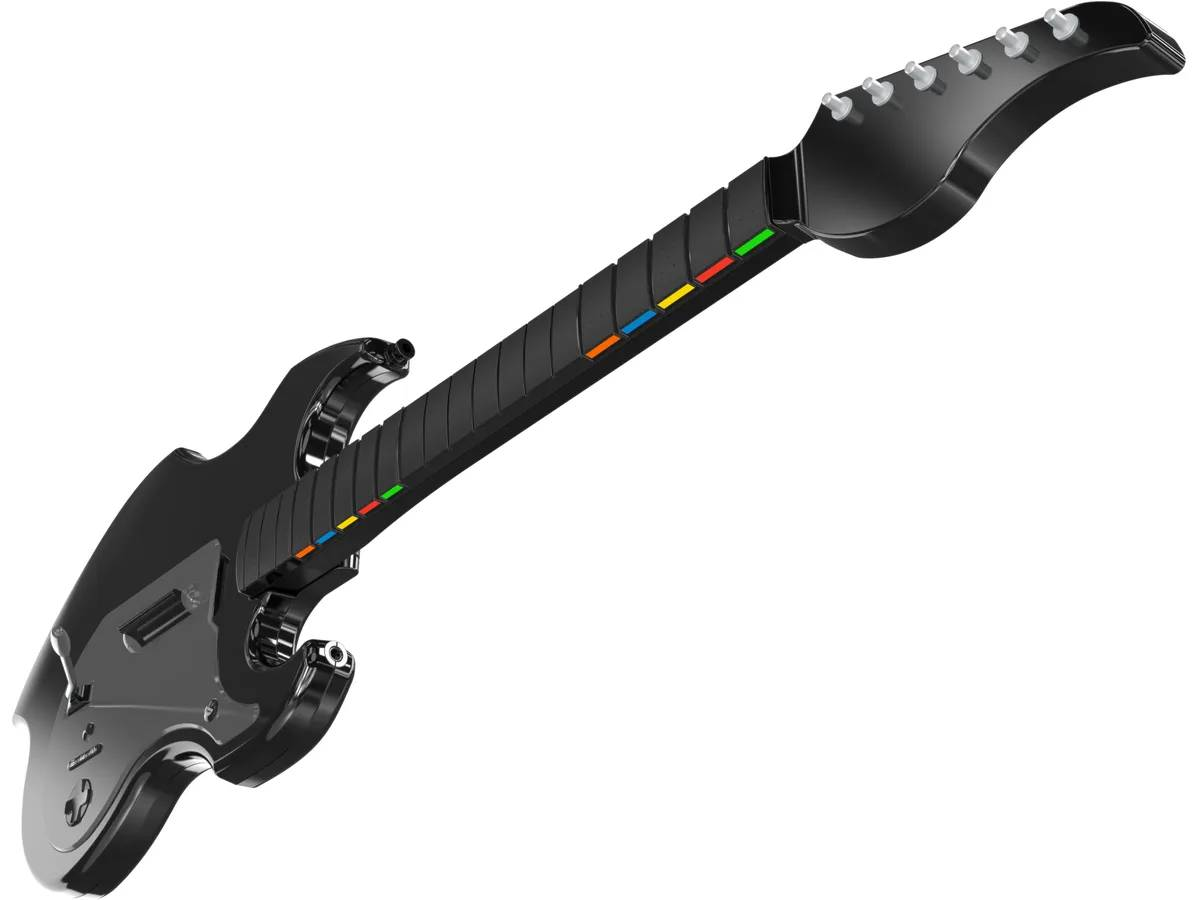 Guitarra eléctrica negra con botones de colores en el diapasón.