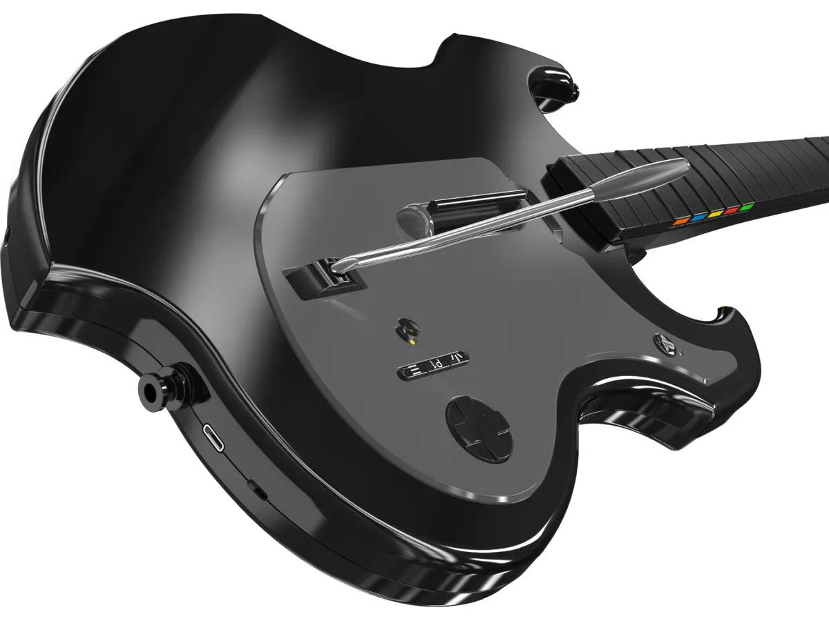Guitarra negra con púa plateada, botones y trastes de colores.