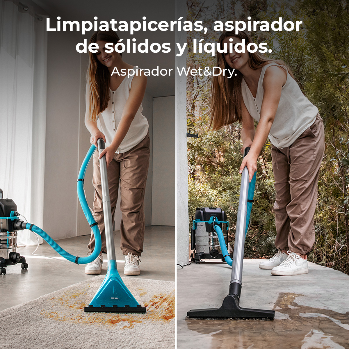 Mujer limpia alfombra y suelo con aspiradora de sólidos/líquidos interior/exterior.