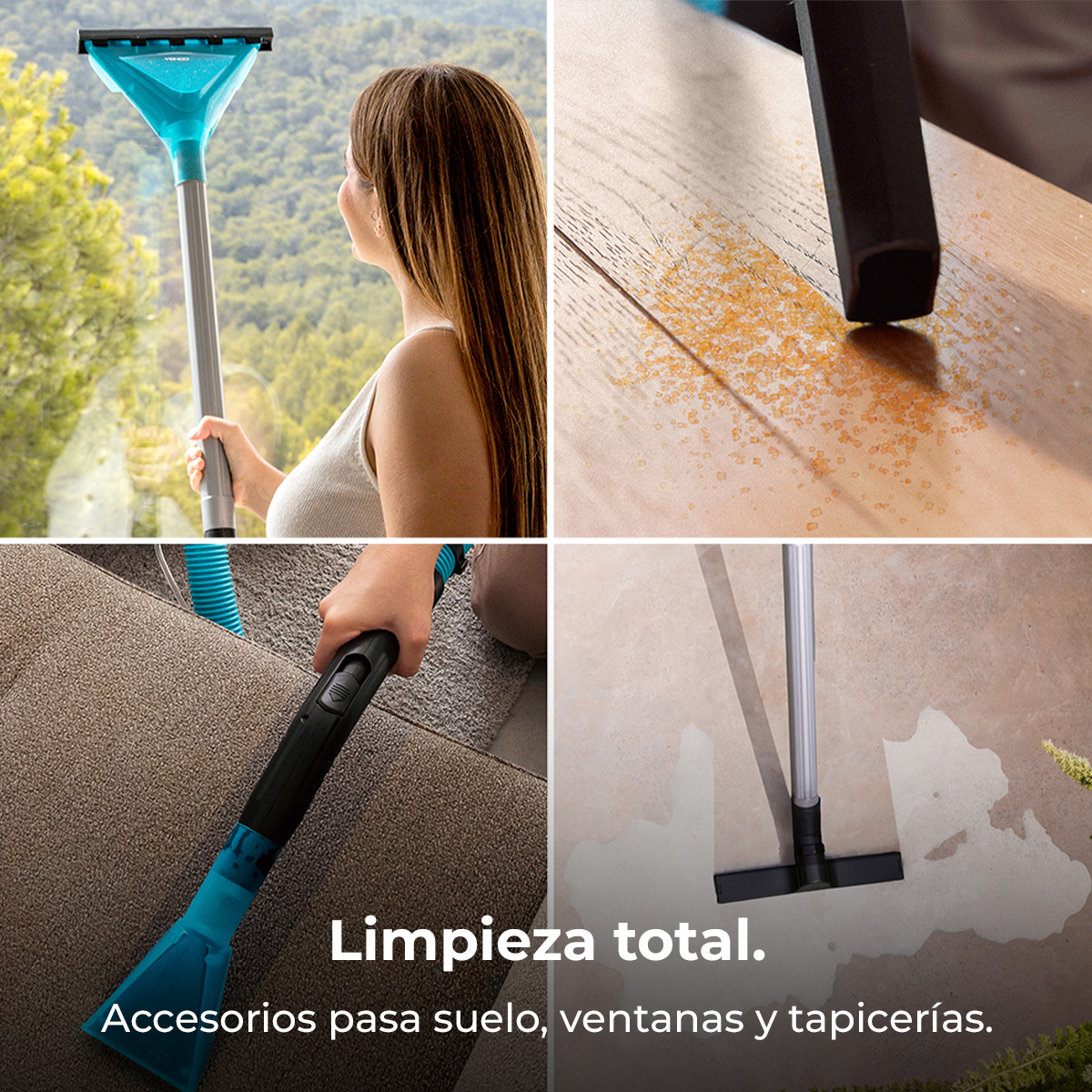 Cuatro imágenes muestran limpieza: mujer limpia ventana, migas en suelo, limpieza tapicerías, limpieza húmeda.