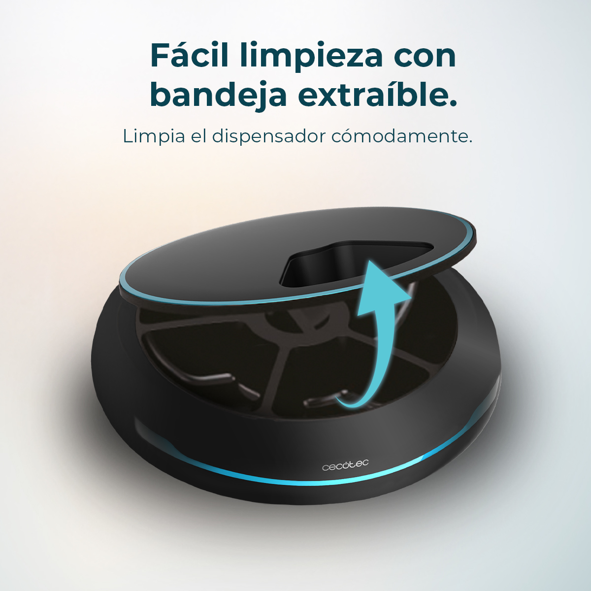Dispensador negro con flecha azul que muestra la bandeja extraíble.