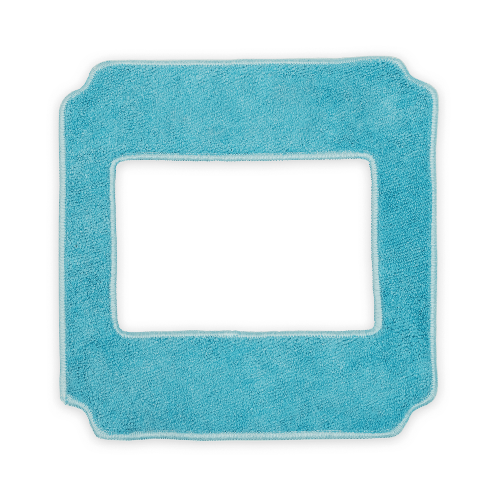 Una mopa turquesa con recorte rectangular y borde blanco.